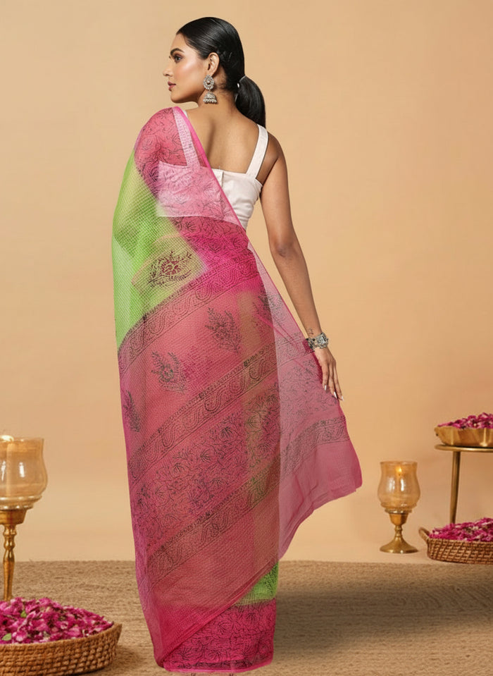 Vibrant Kota Doria Blockprinted Green & Pink Saree