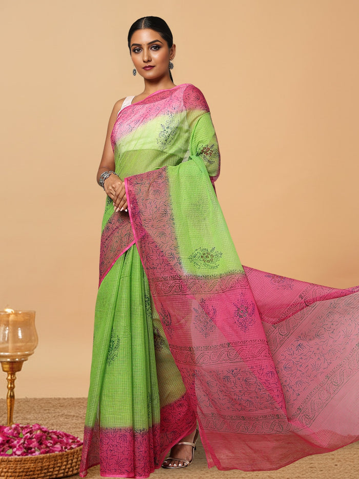 Vibrant Kota Doria Blockprinted Green & Pink Saree