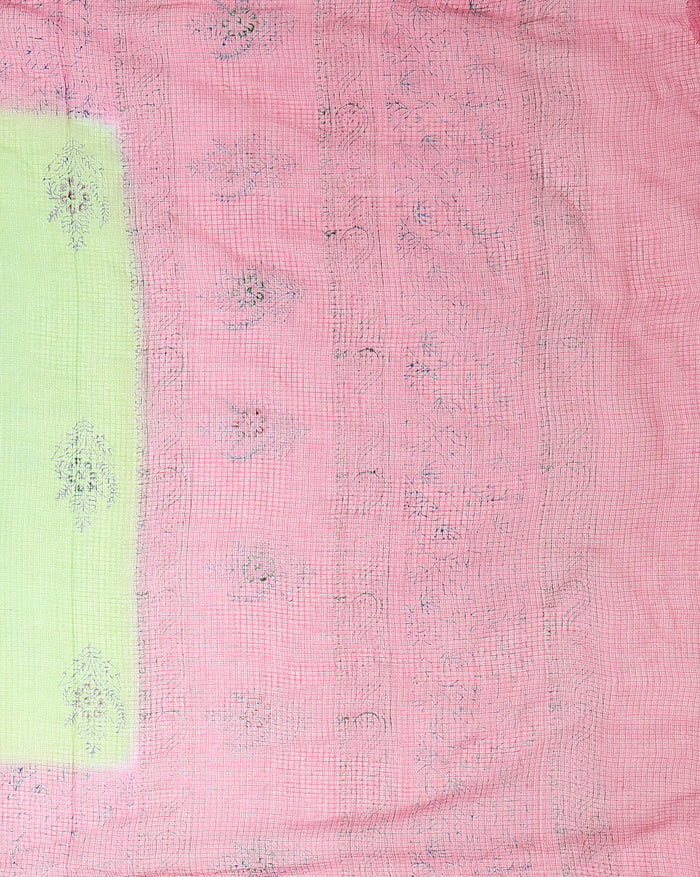 Vibrant Kota Doria Blockprinted Green & Pink Saree