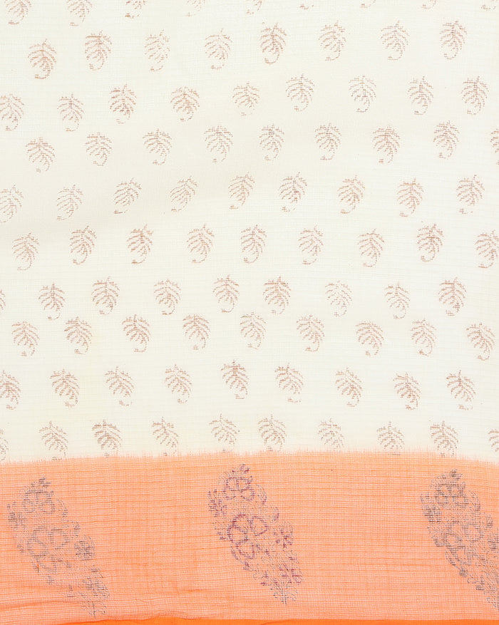 Vibrant Kota Doria Blockprinted White & Orange Saree
