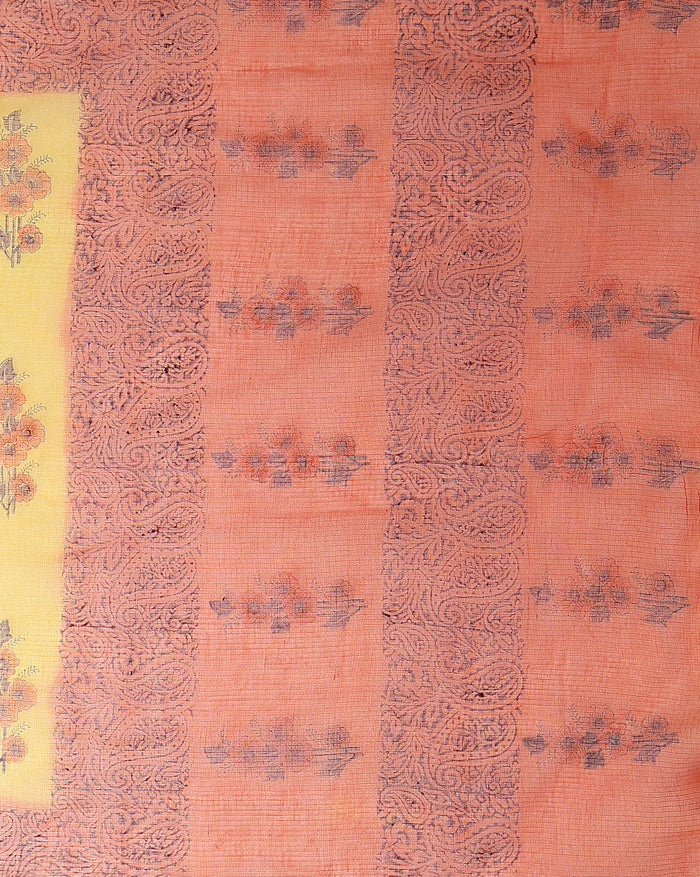 Vibrant Kota Doria Blockprinted Yellow Saree