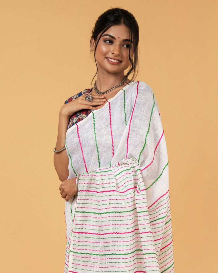 Vibrant Pure Linen Kantha Work Saree Off White