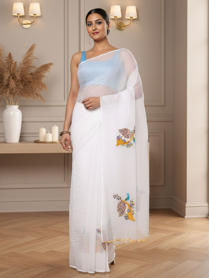 Vibrant White Pure Kota Doria Saree Embroidered