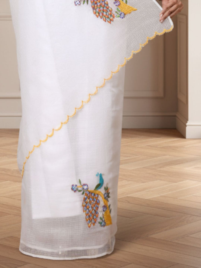 Vibrant White Pure Kota Doria Saree Embroidered