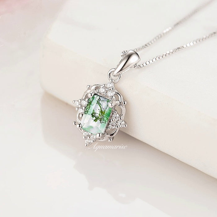 Vintage Green Moss Agate Necklace in Sterling Silver by Aquamarise, featuring a rectangular moss agate pendant with detailed silverwork and sparkling accents on a delicate chain.