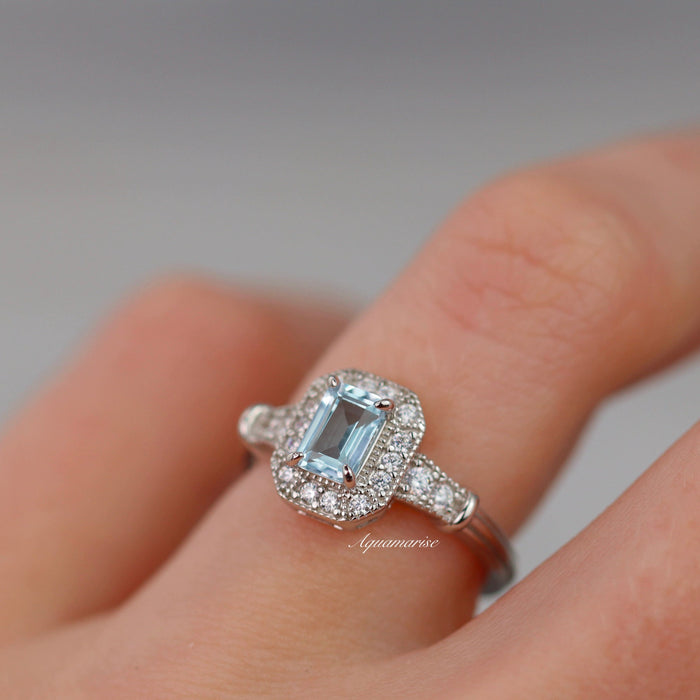 Cynthia Aquamarine Ring- Sterling Silver featuring an emerald-cut aquamarine center with a pavé diamond halo on a polished band by Aquamarise, part of Sterling Silver Rings collection.