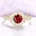 Vintage Hexagon Halo round Garnet Ring in 14K Yellow Gold Vermeil by Aquamarise, featuring a 0.85 carat round garnet with hexagon baguette and round simulated diamond halo.