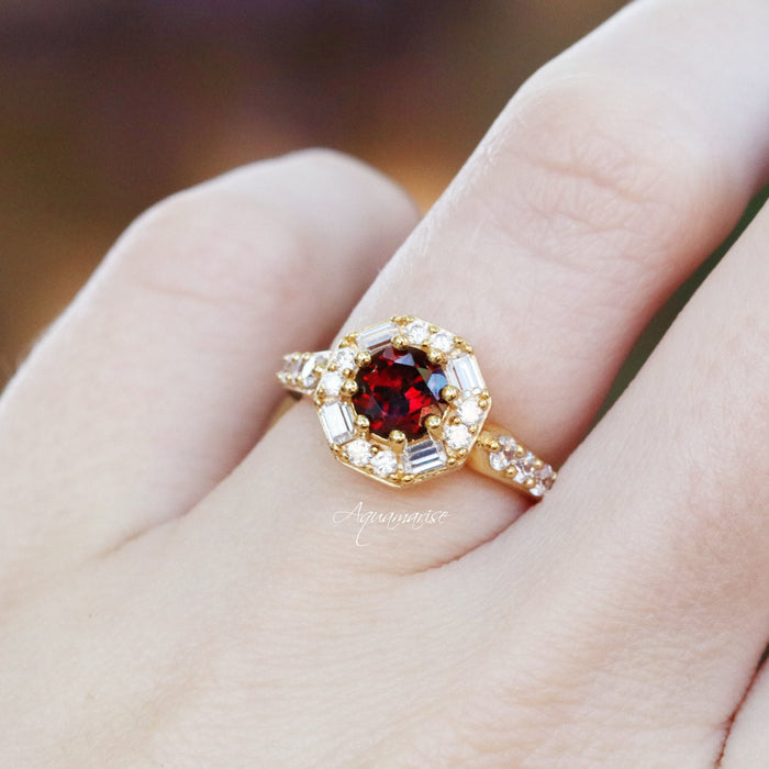 Hexagon Garnet Ring- 14K Yellow Gold Vermeil by Aquamarise, featuring a round garnet center with baguette and round simulated diamond accents on an elegant gold vermeil band.