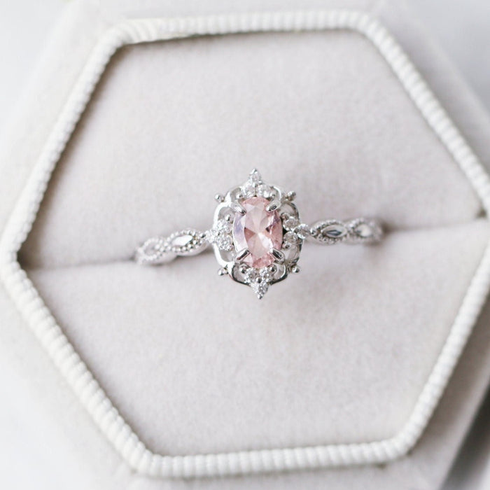 Vintage Morganite engagement Ring in Sterling Silver in box