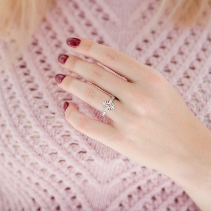 Vintage Morganite engagement Ring in Sterling Silver on a hand