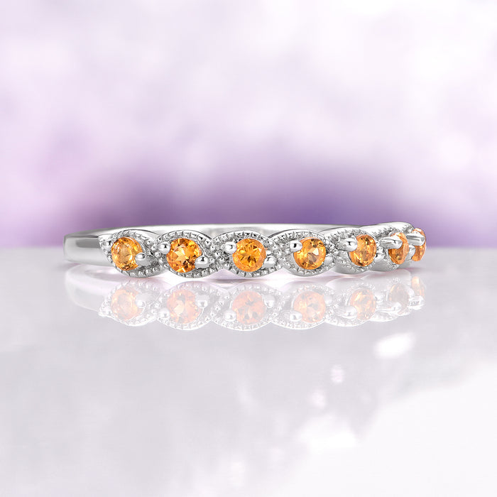 Vintage Natural Citrine Band in Sterling Silver by Aquamarise showcases a delicate row of round citrine gemstones set in a sterling silver band with intricate milgrain detailing, perfect for birthstone and anniversary jewelry.