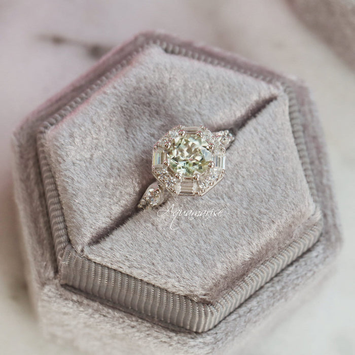 Hexagon Green Amethyst Ring- Sterling Silver by Aquamarise, showcasing a natural green amethyst surrounded by baguette and round simulated diamonds on a rhodium-finished band.
