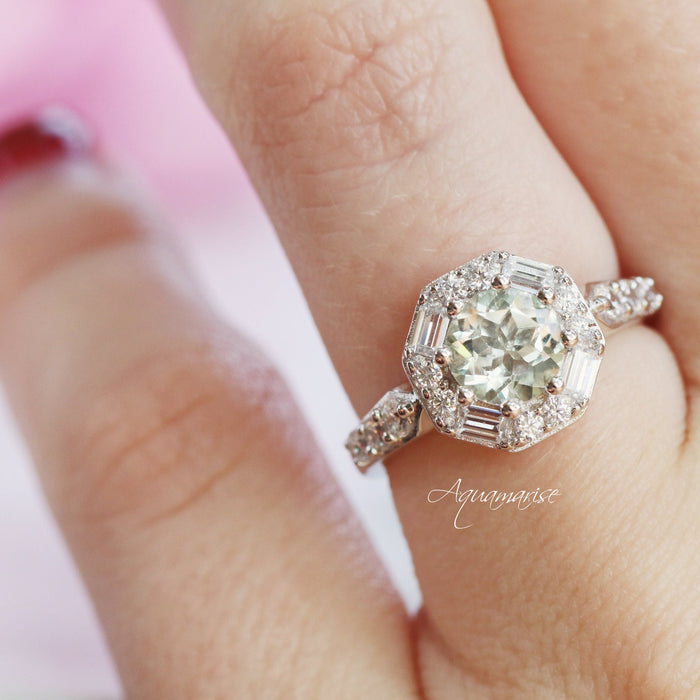 Hexagon Green Amethyst Ring- Sterling Silver by Aquamarise, showcasing a natural green amethyst center with baguette and round simulated diamonds on a rhodium-finished sterling silver band.
