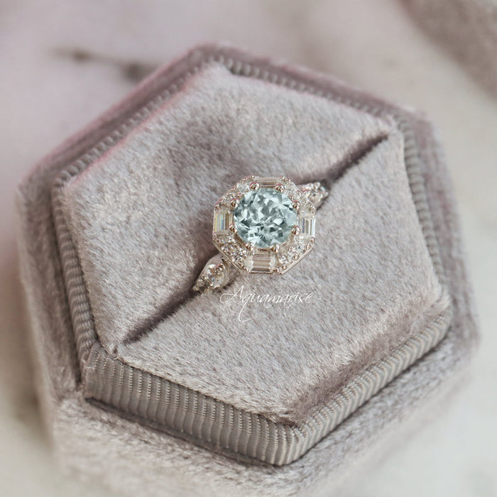 Hexagon Aquamarine Ring- Sterling Silver with natural aquamarine center and baguette simulated diamonds set on a sterling silver band by Aquamarise, perfect for birthstone or engagement jewelry.