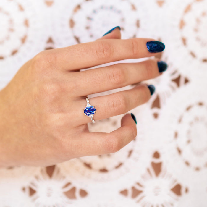 Violet Hexagon Lab Sapphire Ring in Sterling Silver by Aquamarise, featuring a hexagon-cut violet lab sapphire on a delicate sterling silver band accented with simulated diamonds, part of Sterling Silver Rings and September Birthstone Jewelry collections.