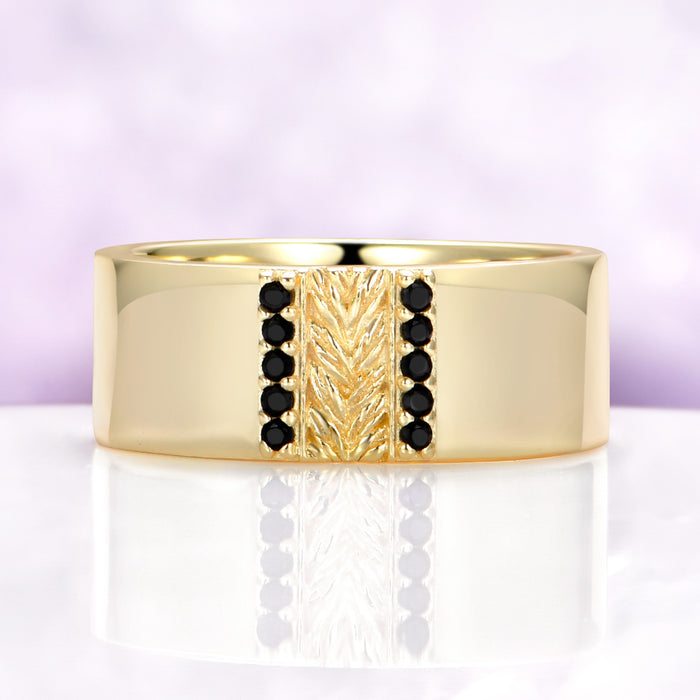 Mens 8mm yellow gold vermeil wedding band with a carved leaf panel and black onyx channels