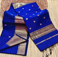 Vivid blue Maheshwari silk saree with metallic gold buti across the body and wide decorative borders, handwoven in Maheshwar