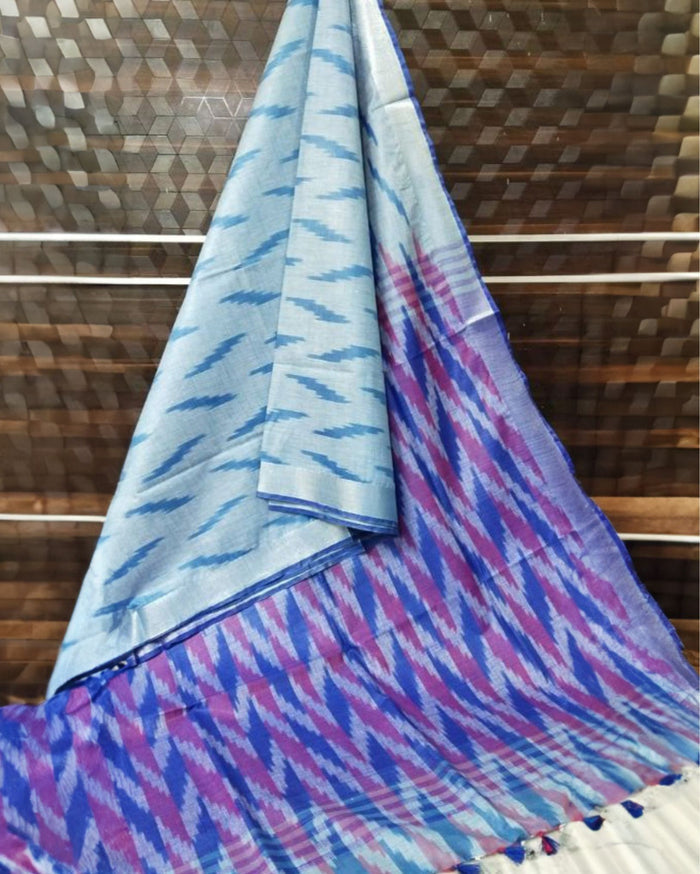 Vivid Ikkat Slub Linen Handloom Blue Saree