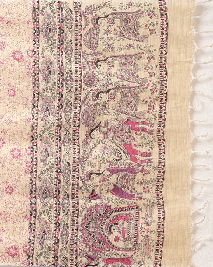 Vivid Madhubani Wax Batik Hand Dyed Khadi Silk Beige Suit (T+B+D)