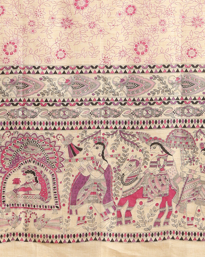 Vivid Madhubani Wax Batik Hand Dyed Khadi Silk Beige Suit (T+B+D)