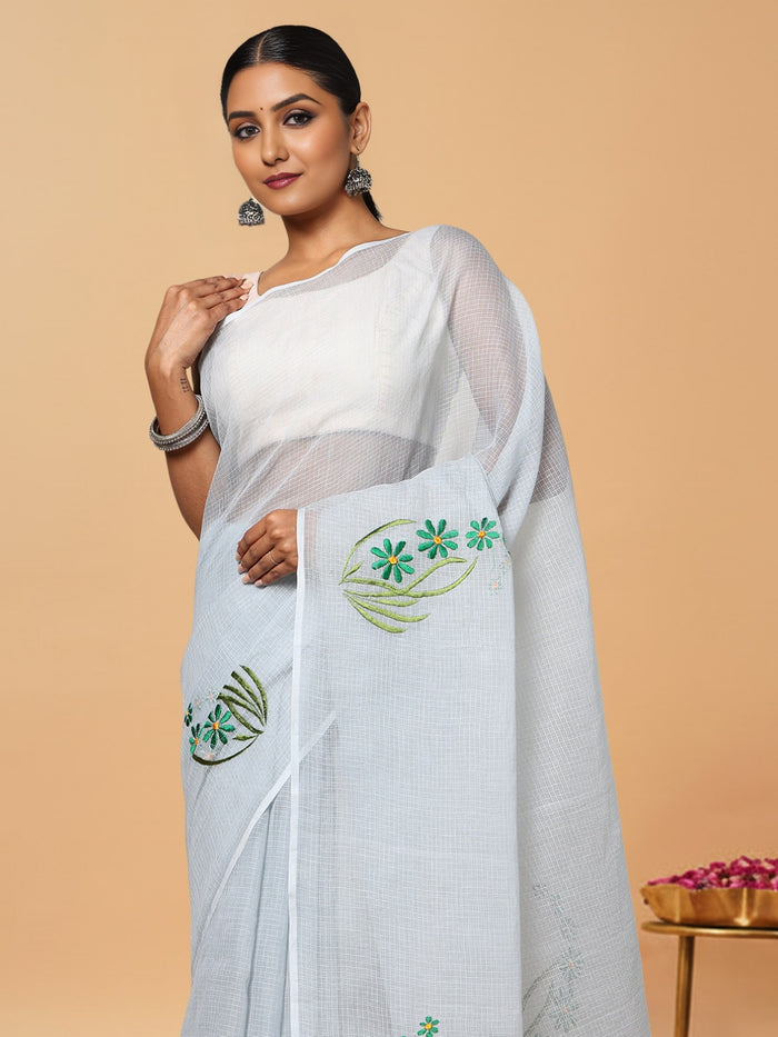 Vivid White Pure Kota Doria Saree Embroidered