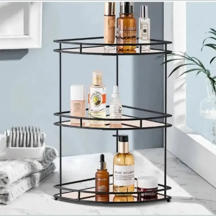 wall-mounted bathroom corner shelf with toiletries on a white marble surface
