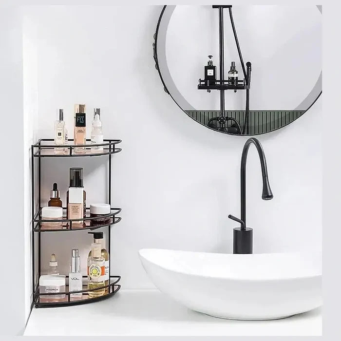 Black wall-mounted bathroom corner shelf displaying various toiletries, enhancing storage and organization in a modern bathroom.