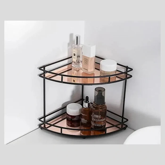 Black wall-mounted bathroom corner shelf displaying toiletries in a stylish corner design.