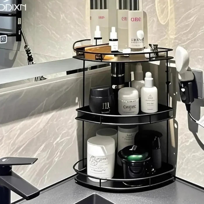 Black Wall-Mounted Bathroom Corner Shelf displaying various toiletries and beauty products in modern bathroom decor.
