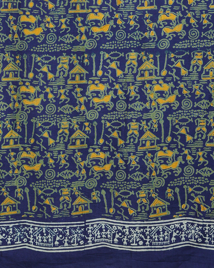 Dark blue Katan silk unstitched suit set hand block printed with small yellow Warli figures, huts and animals in a dense all-over repeat, with a linear motif border band at the hem and light blue accents.