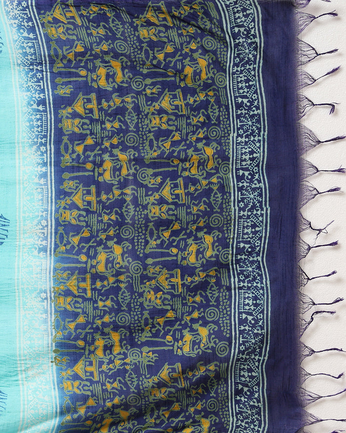 Dark blue Katan silk unstitched suit set hand block printed with small yellow Warli figures, huts and animals in a dense all-over repeat, with a linear motif border band at the hem and light blue accents.
