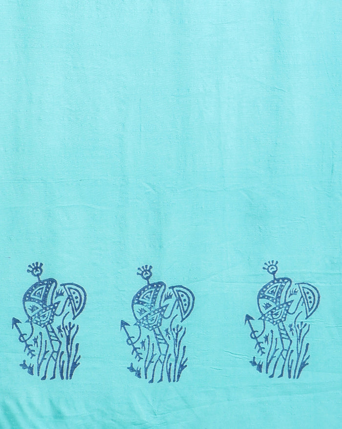 Dark blue Katan silk unstitched suit set hand block printed with small yellow Warli figures, huts and animals in a dense all-over repeat, with a linear motif border band at the hem and light blue accents.