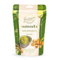 75g Packaging of Nutworks Wasabi premium Australian macadamias displaying the nuts and wasabi sauce with a green foliage background.