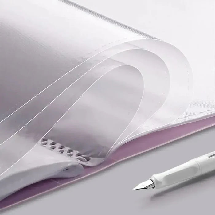 Close-up of a waterproof A4 document organizer showcasing its clear pockets and protective material.