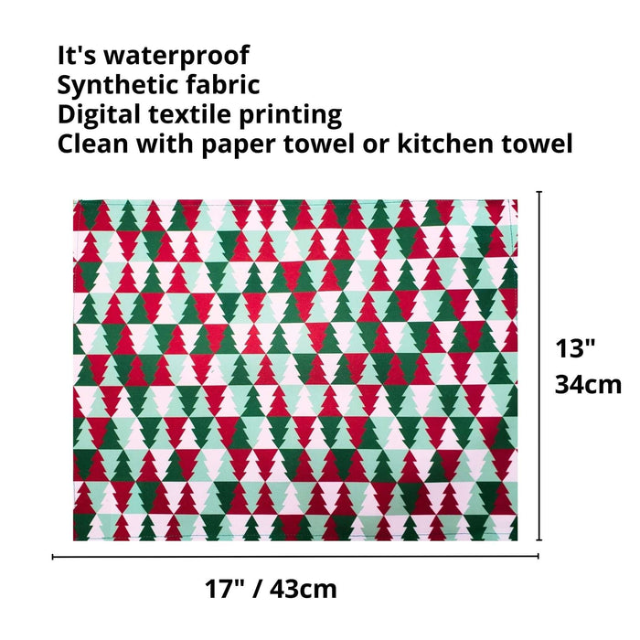 Set of 4 Placemats Christmas Tree Tile Cloth Waterproof 17" by 13" -  Green-1