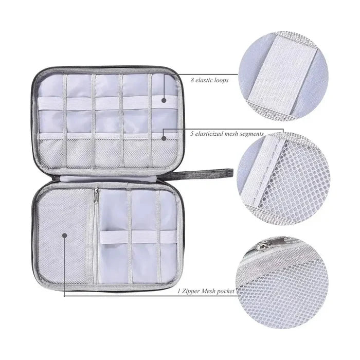 Interior view of waterproof electronics organizer bag, featuring 8 elastic loops, 5 mesh segments, and a zipper mesh pocket.