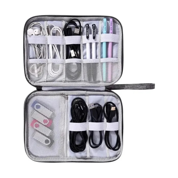 Waterproof electronics organizer bag with cables and chargers neatly stored.
