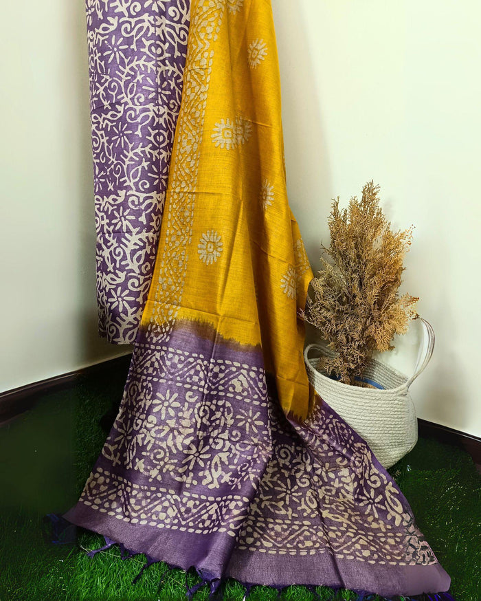 Indiehaat | Khadi Silk Purple Suit Batik Print (T+B+D)