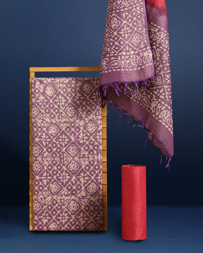 Wax Batik Hand Dyed Khadi Silk Purple Suit (T+B+D)