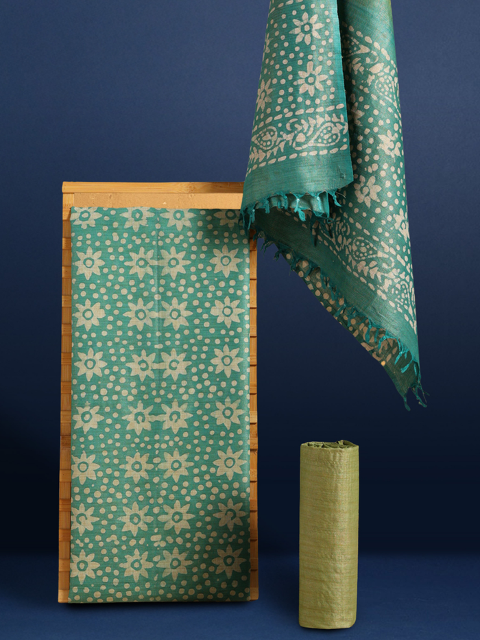 Wax Batik Hand Dyed Khadi Silk Sea Green Suit (T+B+D)