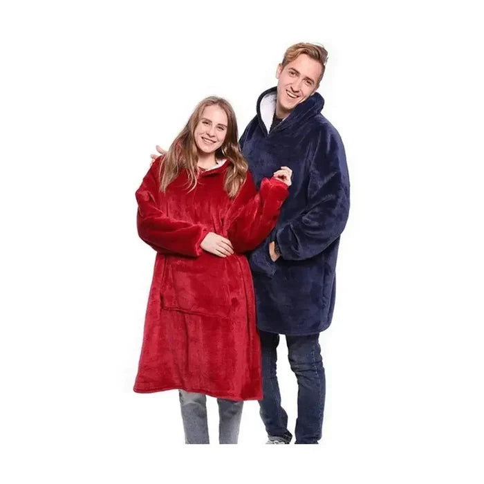 Two people wearing a wearable blanket hoodie in cozy fleece, perfect for staying warm and mobile at home.