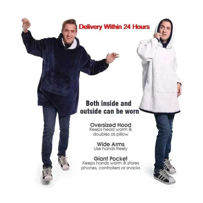 Two models wearing a wearable blanket hoodie showcasing features like oversized hood, wide arms, and giant pocket.