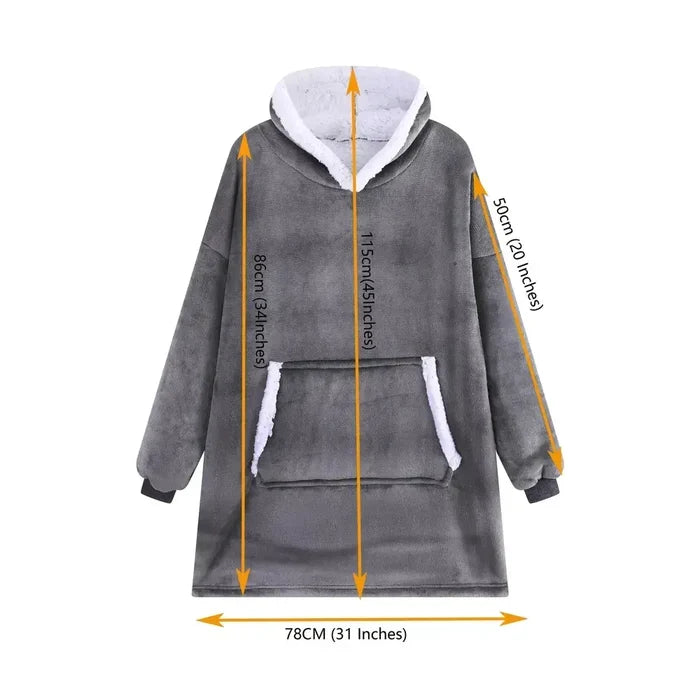 Wearable blanket hoodie in gray with measurements for cozy comfort and style.