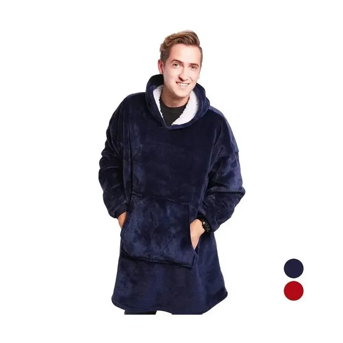 Cozy wearable blanket hoodie in navy with full hood, perfect for staying warm while being mobile.