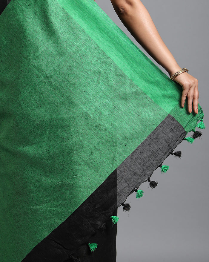 Whimsical Handwoven Pure Linen Black Saree