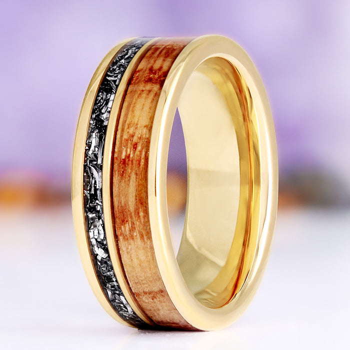 Whiskey barrel and meteorite men's wedding band — oak and meteorite inlay in 8mm yellow gold tungsten