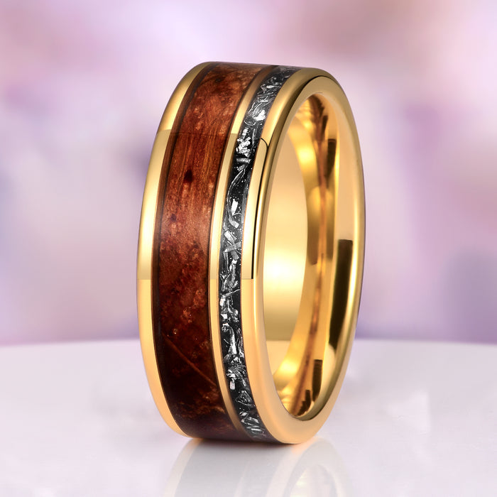 Whiskey Barrel & Meteorite Band in Yellow Gold Tungsten Carbide (8mm) by Aquamarise, featuring a polished yellow gold tungsten carbide ring with rich whiskey barrel wood inlay and a striking meteorite fragment stripe, part of Men’s Wedding Bands and Gold rings collections.