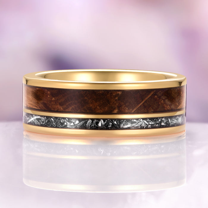 Whiskey Barrel & Meteorite Band in Yellow Gold Tungsten Carbide (8mm) by Aquamarise, featuring a polished yellow gold band with rich whiskey barrel wood inlay above a textured meteorite fragment stripe, part of Men's Wedding Bands and Gold rings collections.