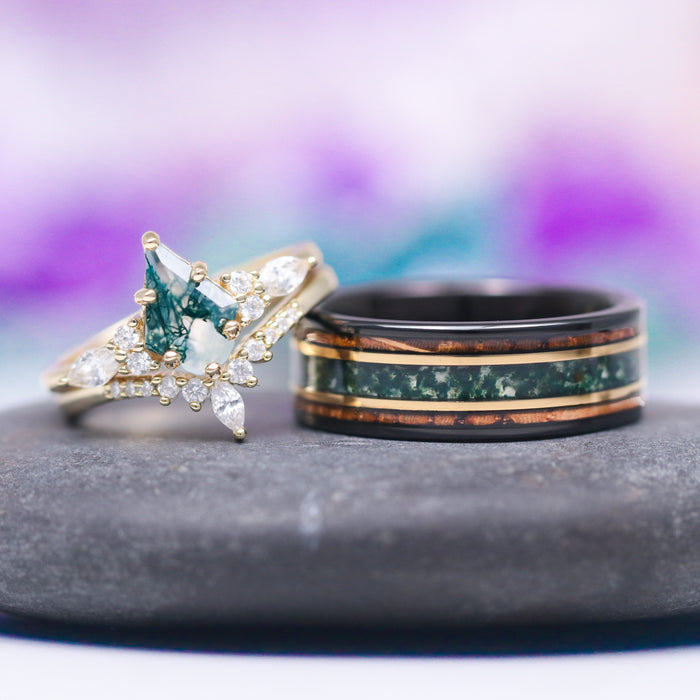 Skye Kite® Green Moss Agate Ring Set in 14K Yellow Gold Vermeil featuring a kite cut moss agate ring with diamonds and a matching band, showcasing Aquamarise's nature-inspired elegance.