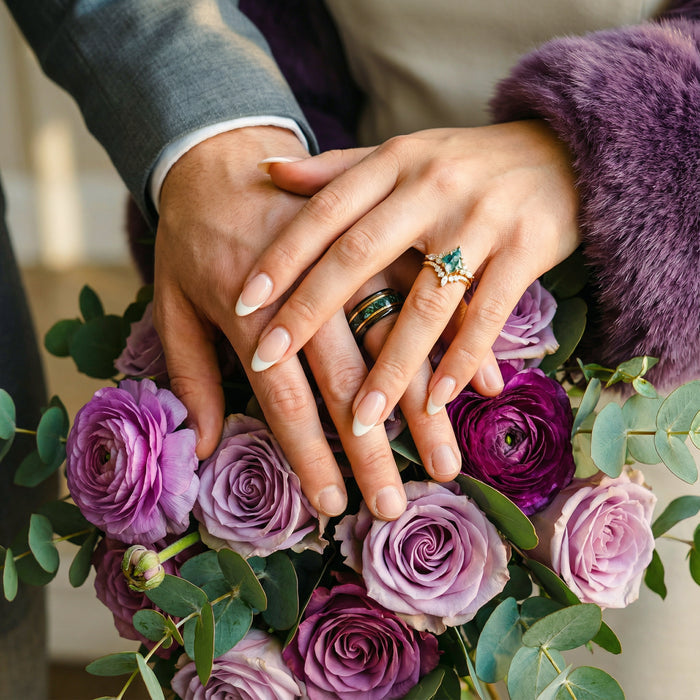 Aquamarise couples rings matching wedding bands